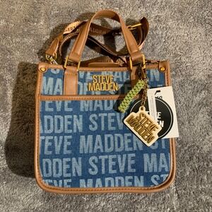 Steve Madden Womens Logo Print Denim Crossbody Bag Mini Tote Tan Blue NWT